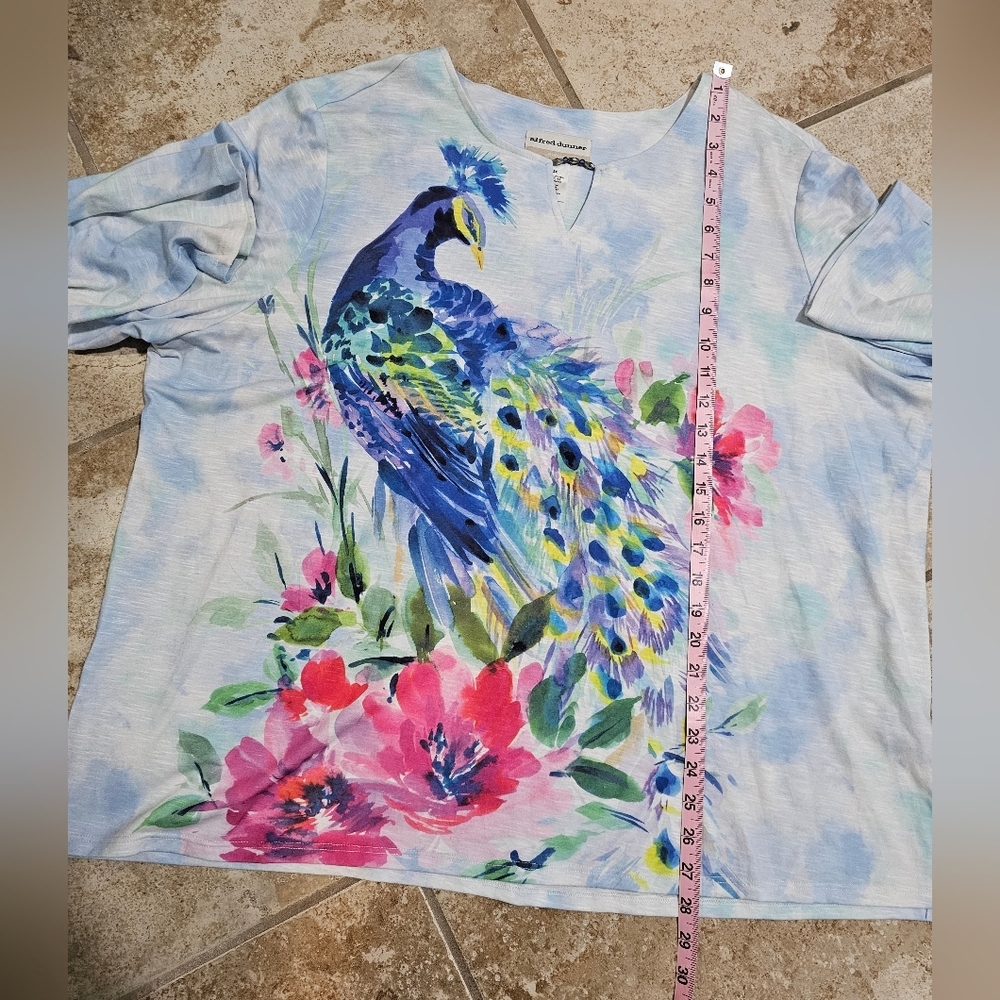 Alfred Dunner Woman 2X Blouse Blue Poly Peacock Floral Statement Coastal Chic - Picture 6 of 6